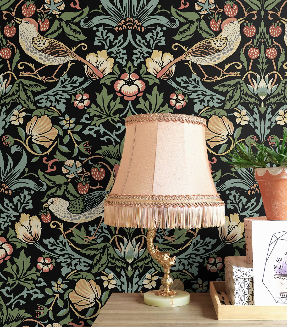 Black floral peel and stick wallpaper with bird and botanical pattern, Aves Garden Ebony design, removable wallpaper for renters, dark botanical wall decor for modern interiors, elegant accent wall idea for bedroom or living room, washable and easy to install wallpaper