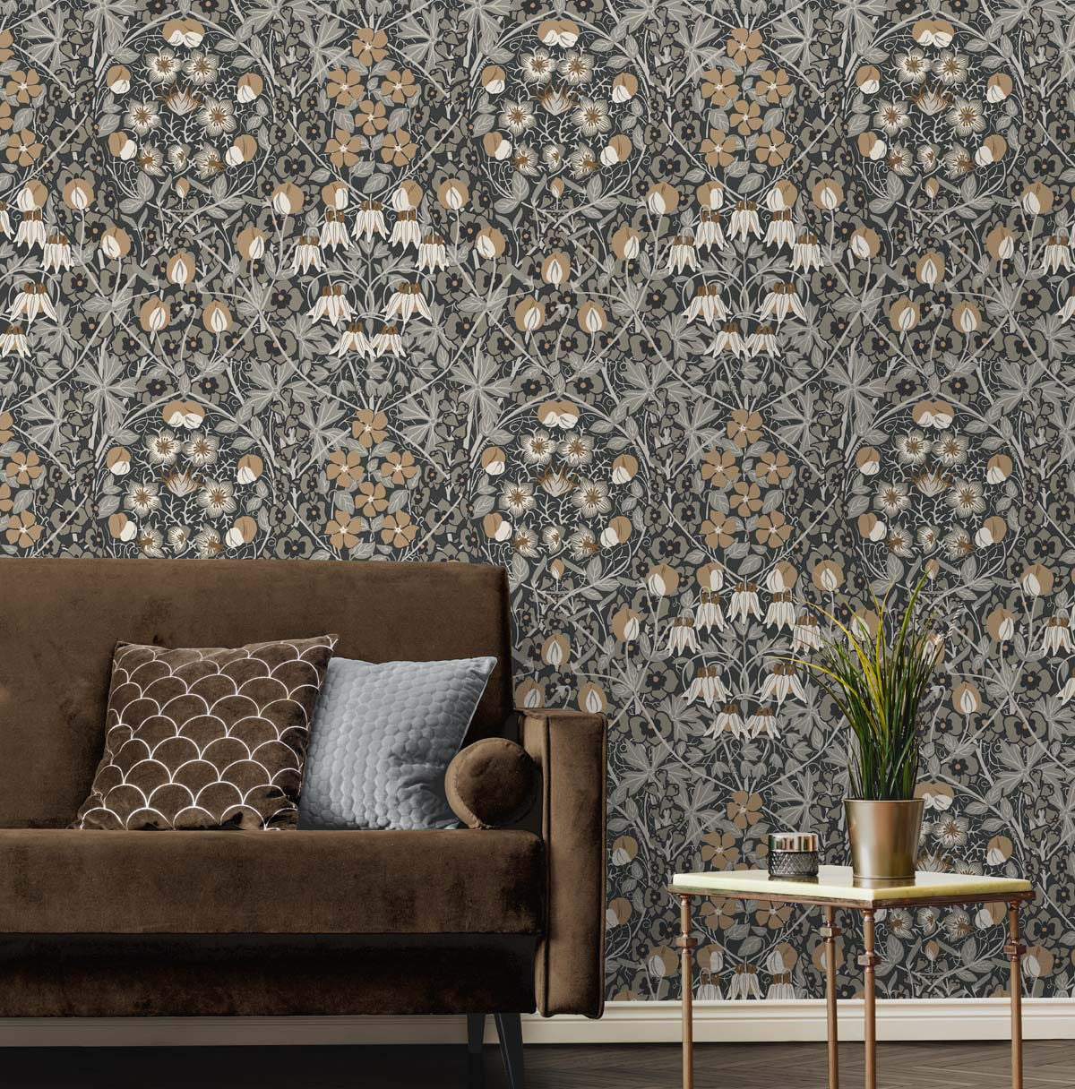 Tulip Garden peel and stick wallpaper by NextWall in muted gray tones featuring soft floral botanical design, removable and washable, ideal for accent walls, rentals, and modern interior styling.