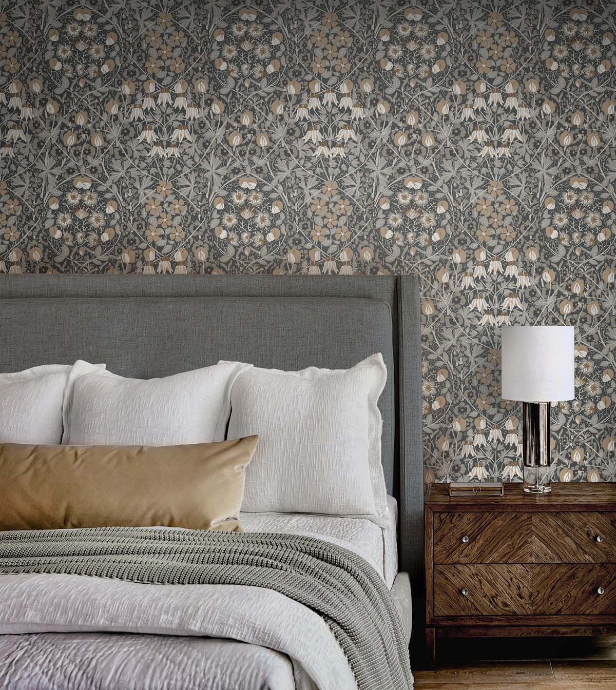 Tulip Garden peel and stick wallpaper by NextWall in muted gray tones featuring soft floral botanical design, removable and washable, ideal for accent walls, rentals, and modern interior styling.
