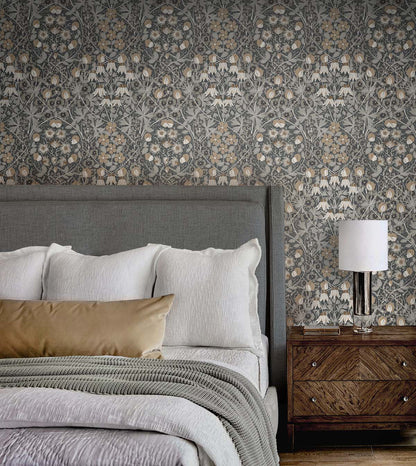 Tulip Garden peel and stick wallpaper by NextWall in muted gray tones featuring soft floral botanical design, removable and washable, ideal for accent walls, rentals, and modern interior styling.