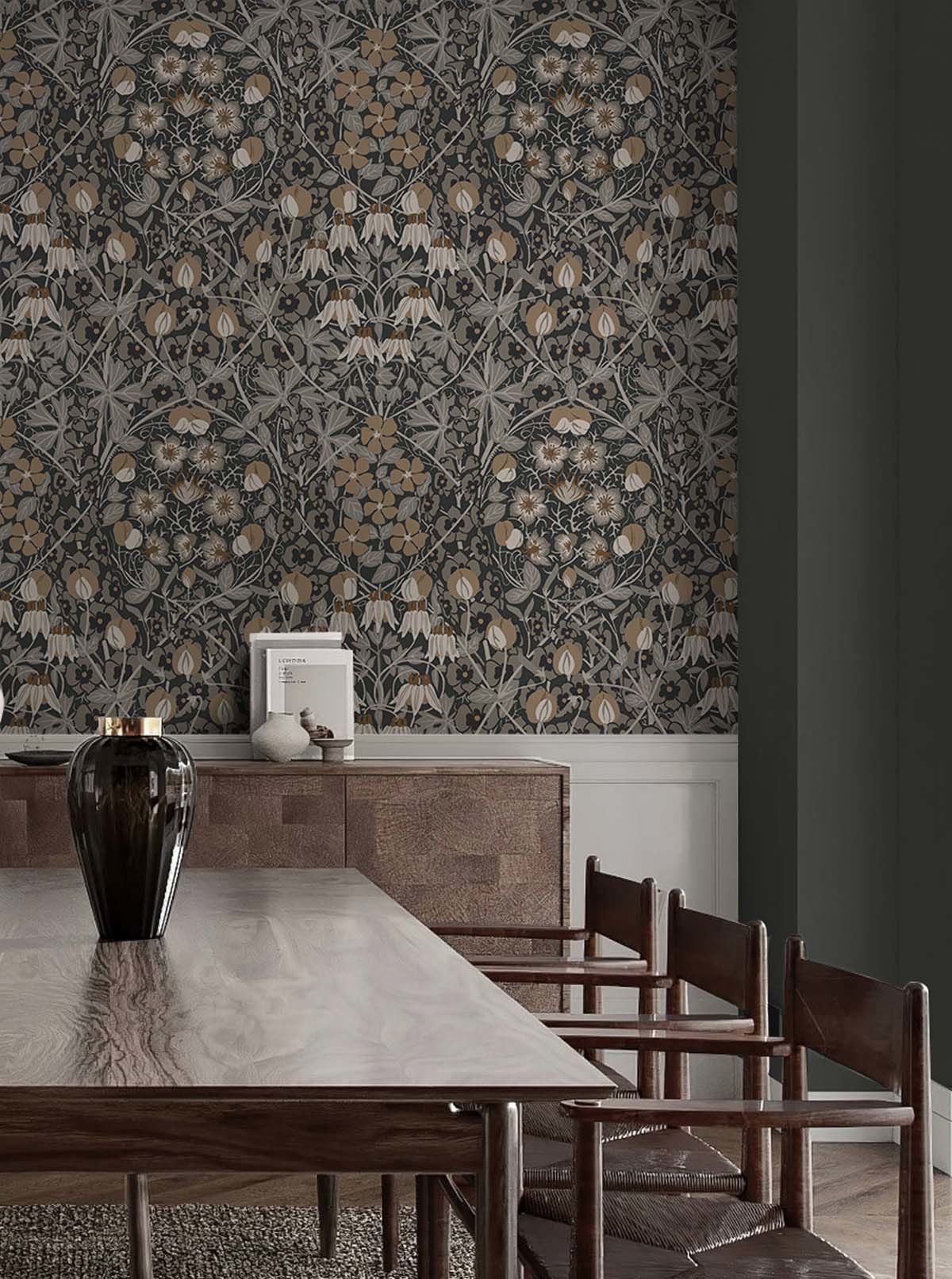 Tulip Garden peel and stick wallpaper by NextWall in muted gray tones featuring soft floral botanical design, removable and washable, ideal for accent walls, rentals, and modern interior styling.