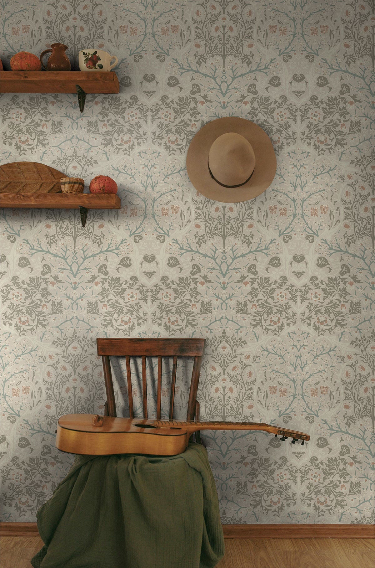 Victorian Garden Peel and Stick Wallpaper featuring vintage floral botanical patterns in warm beige and neutral tones. Elegant removable wallpaper for accent walls, bedrooms, living rooms, dining rooms, and cottagecore or modern farmhouse interiors.