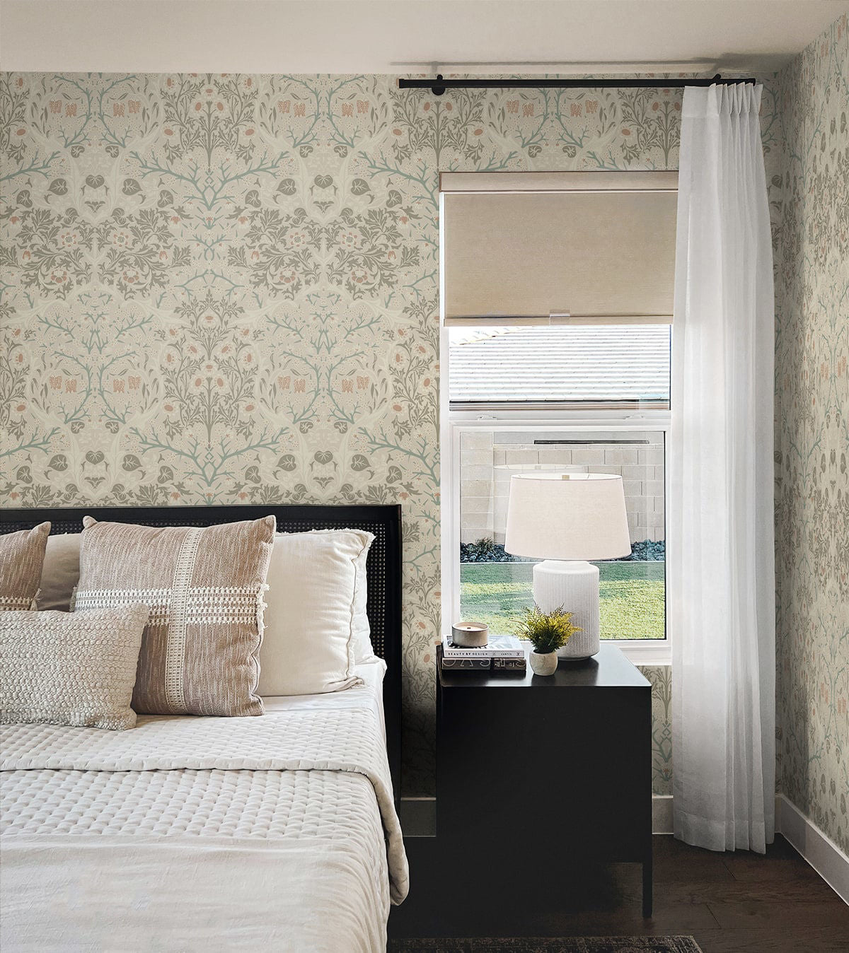 Victorian Garden Peel and Stick Wallpaper in Lunar Rock and Clay featuring detailed botanical florals, blooming flowers, leafy garden elements, and warm neutral beige tones. Vintage Victorian-inspired floral wallpaper with elegant nature motifs for accent walls, bedrooms, living rooms, dining rooms, nurseries, entryways, and home offices. Removable, washable, renter-friendly wallpaper ideal for cottagecore, modern farmhouse, traditional, transitional, and classic interior design styles.