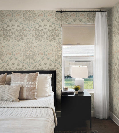 Victorian Garden Peel and Stick Wallpaper in Lunar Rock and Clay featuring detailed botanical florals, blooming flowers, leafy garden elements, and warm neutral beige tones. Vintage Victorian-inspired floral wallpaper with elegant nature motifs for accent walls, bedrooms, living rooms, dining rooms, nurseries, entryways, and home offices. Removable, washable, renter-friendly wallpaper ideal for cottagecore, modern farmhouse, traditional, transitional, and classic interior design styles.