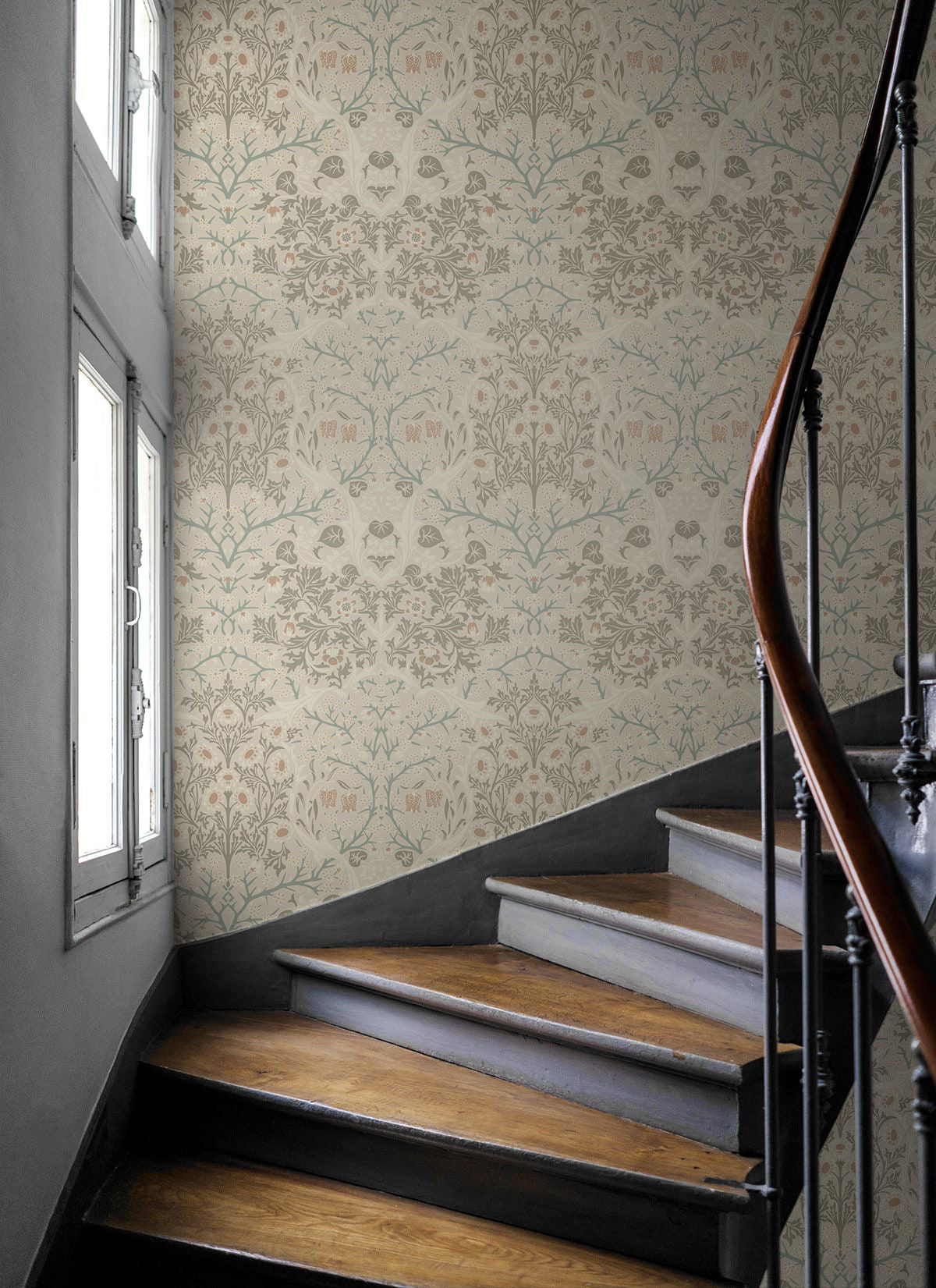 Victorian Garden Peel and Stick Wallpaper in Lunar Rock and Clay featuring detailed botanical florals, blooming flowers, leafy garden elements, and warm neutral beige tones. Vintage Victorian-inspired floral wallpaper with elegant nature motifs for accent walls, bedrooms, living rooms, dining rooms, nurseries, entryways, and home offices. Removable, washable, renter-friendly wallpaper ideal for cottagecore, modern farmhouse, traditional, transitional, and classic interior design styles.