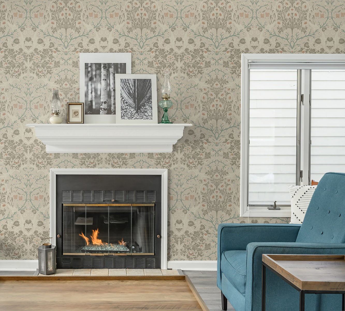 Victorian Garden Peel and Stick Wallpaper in Lunar Rock and Clay featuring detailed botanical florals, blooming flowers, leafy garden elements, and warm neutral beige tones. Vintage Victorian-inspired floral wallpaper with elegant nature motifs for accent walls, bedrooms, living rooms, dining rooms, nurseries, entryways, and home offices. Removable, washable, renter-friendly wallpaper ideal for cottagecore, modern farmhouse, traditional, transitional, and classic interior design styles.