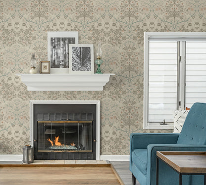 Victorian Garden Peel and Stick Wallpaper in Lunar Rock and Clay featuring detailed botanical florals, blooming flowers, leafy garden elements, and warm neutral beige tones. Vintage Victorian-inspired floral wallpaper with elegant nature motifs for accent walls, bedrooms, living rooms, dining rooms, nurseries, entryways, and home offices. Removable, washable, renter-friendly wallpaper ideal for cottagecore, modern farmhouse, traditional, transitional, and classic interior design styles.