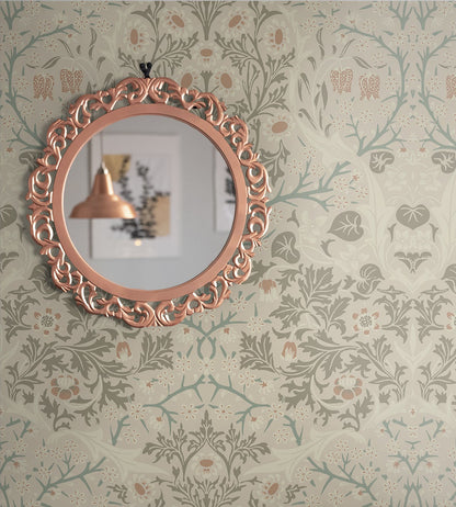 Victorian Garden Peel and Stick Wallpaper featuring vintage floral botanical patterns in warm beige and neutral tones. Elegant removable wallpaper for accent walls, bedrooms, living rooms, dining rooms, and cottagecore or modern farmhouse interiors.