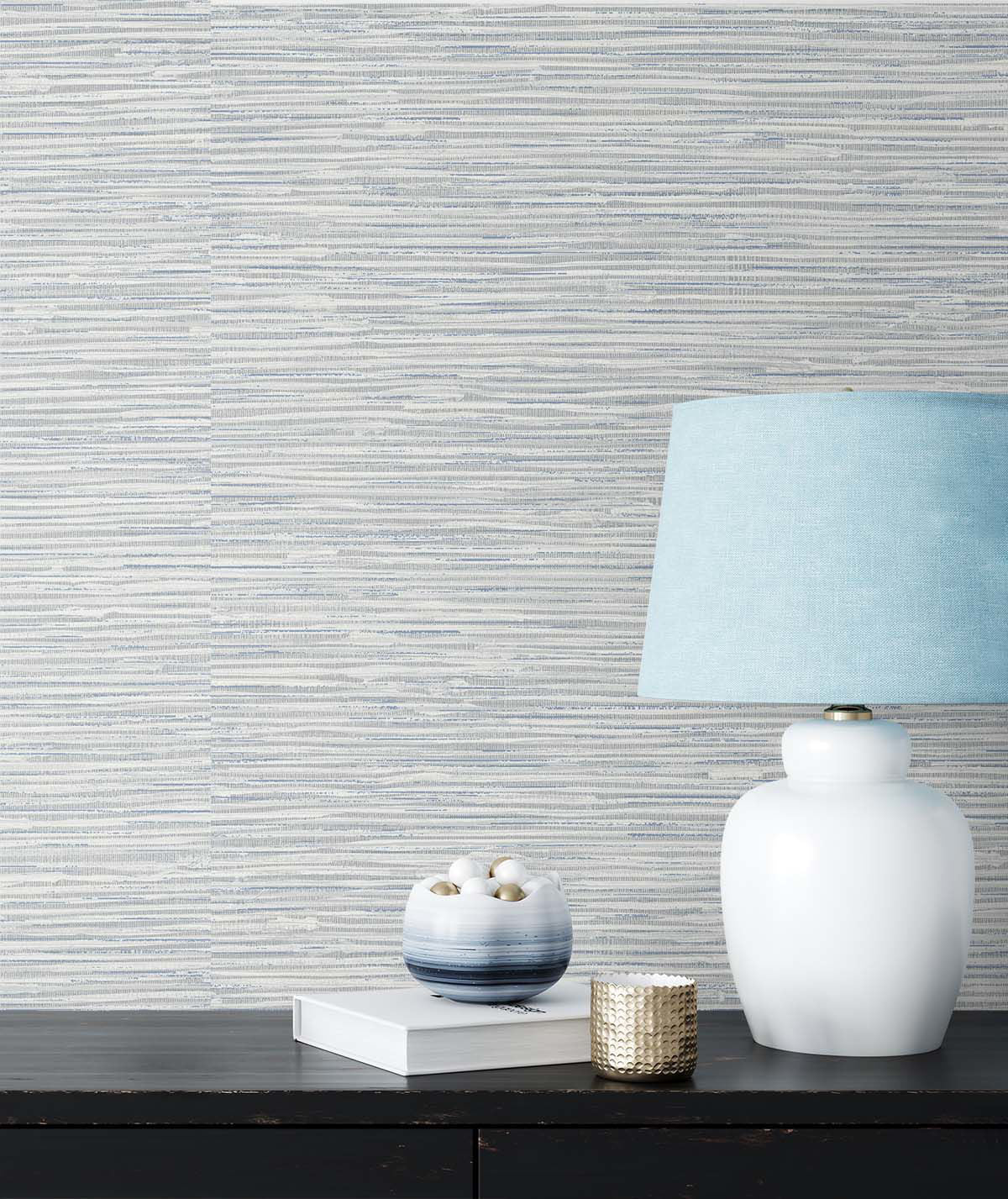 Cyrus Faux Grasscloth peel and stick wallpaper in Dove Grey and Bluestone featuring a realistic woven grasscloth texture. Blue-gray removable wallpaper ideal for coastal, contemporary, modern, farmhouse, and transitional interiors, including bedrooms, living rooms, home offices, dining rooms, and elegant accent walls.