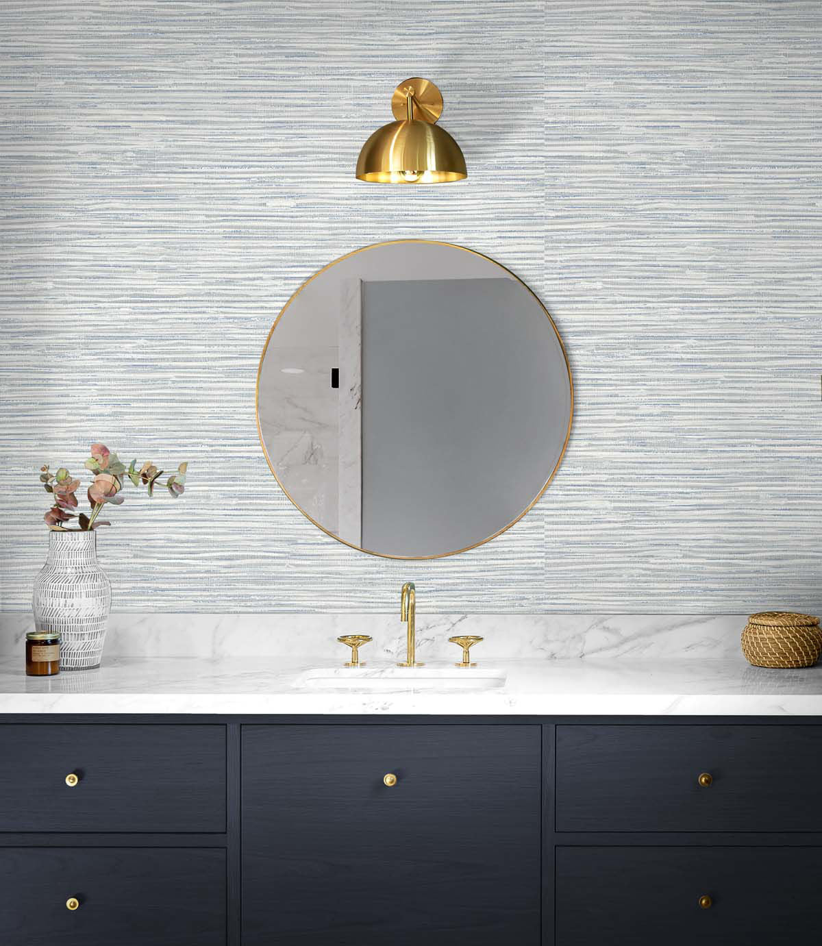 Cyrus Faux Grasscloth peel and stick wallpaper in Dove Grey and Bluestone featuring a realistic woven grasscloth texture. Blue-gray removable wallpaper ideal for coastal, contemporary, modern, farmhouse, and transitional interiors, including bedrooms, living rooms, home offices, dining rooms, and elegant accent walls.