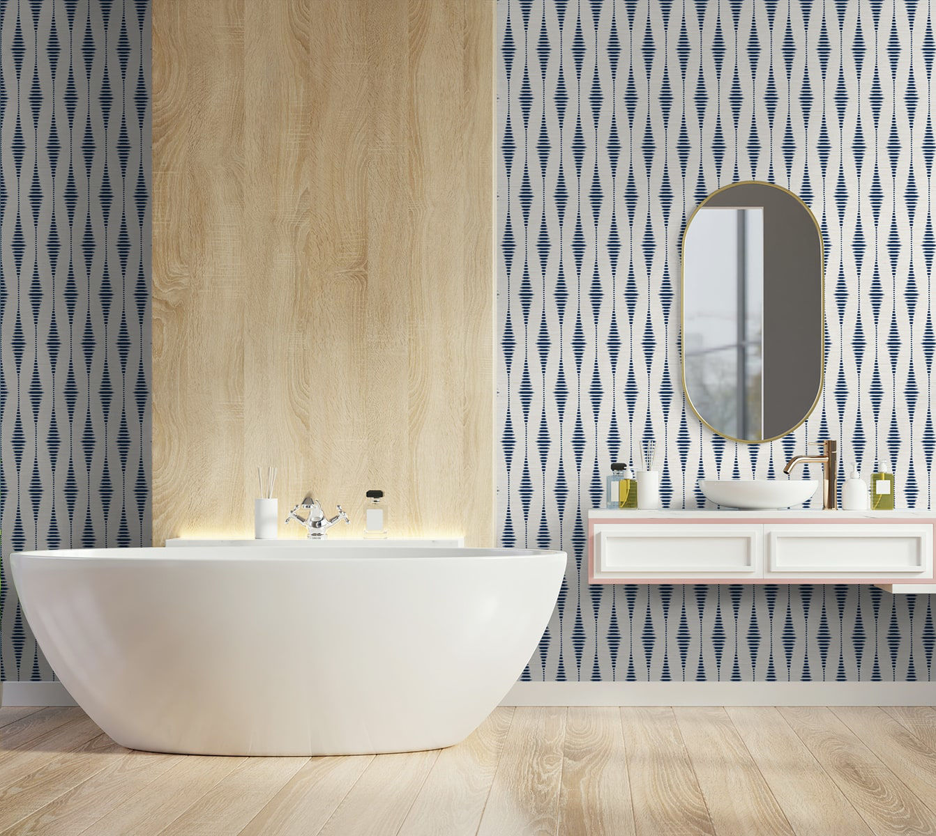 Navy Blue and Linen Striped Ikat Peel and Stick Wallpaper with a textured geometric pattern inspired by traditional ikat textiles. Features soft vertical stripes in rich navy and neutral linen tones, creating a sophisticated accent wall for bedrooms, living rooms, dining rooms, entryways, home offices, coastal homes, and modern farmhouse interiors. Removable, washable, and renter-friendly wallpaper design.