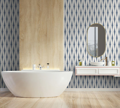 Navy Blue and Linen Striped Ikat Peel and Stick Wallpaper with a textured geometric pattern inspired by traditional ikat textiles. Features soft vertical stripes in rich navy and neutral linen tones, creating a sophisticated accent wall for bedrooms, living rooms, dining rooms, entryways, home offices, coastal homes, and modern farmhouse interiors. Removable, washable, and renter-friendly wallpaper design.