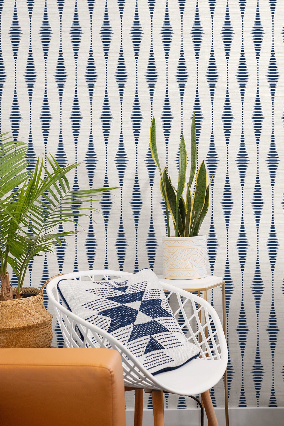 Navy Blue and Linen Striped Ikat Peel and Stick Wallpaper with a textured geometric pattern inspired by traditional ikat textiles. Features soft vertical stripes in rich navy and neutral linen tones, creating a sophisticated accent wall for bedrooms, living rooms, dining rooms, entryways, home offices, coastal homes, and modern farmhouse interiors. Removable, washable, and renter-friendly wallpaper design.