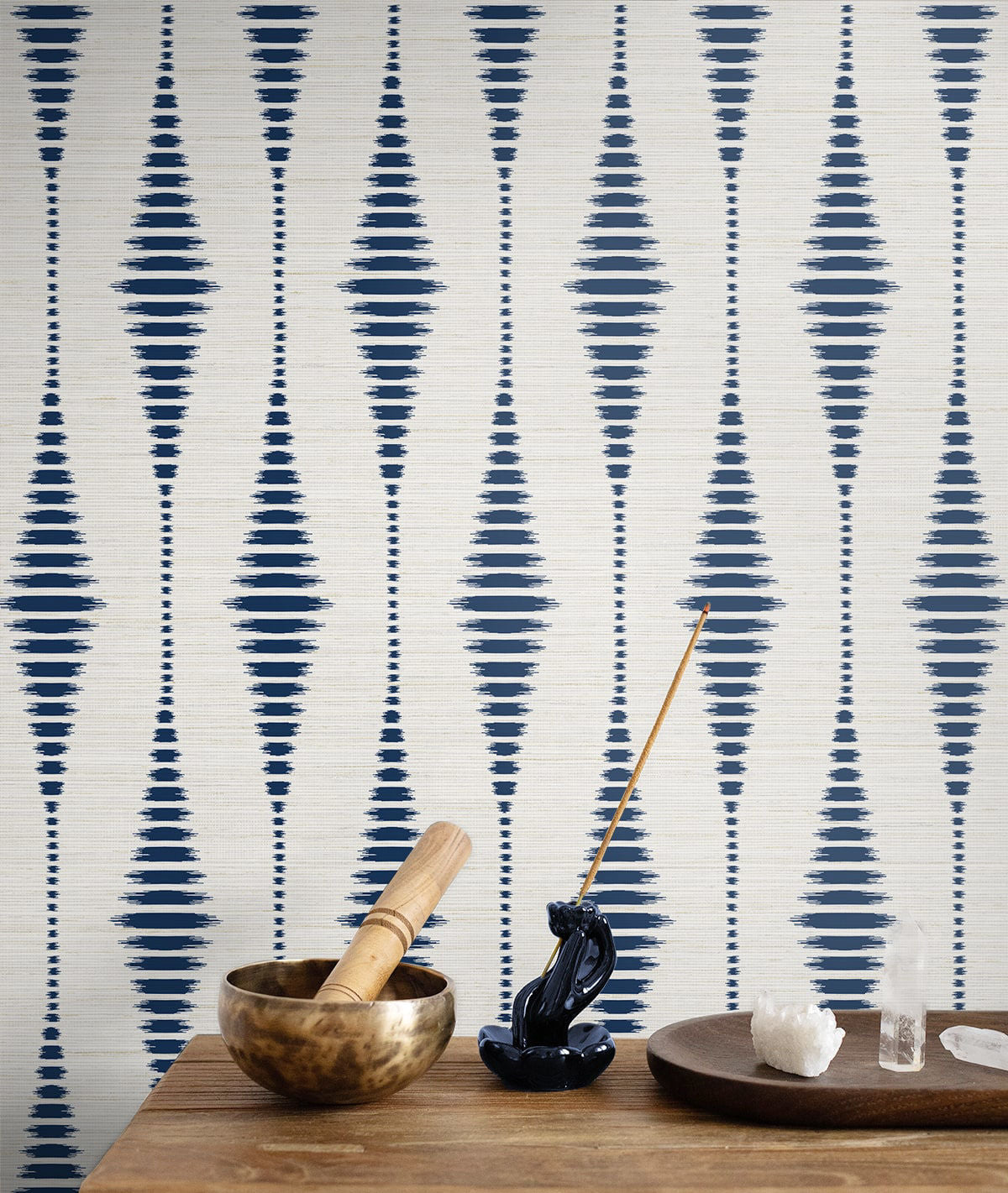 Striped Ikat Peel and Stick Wallpaper in Navy Blue and Linen featuring a classic geometric ikat stripe pattern. Removable wallpaper with elegant navy tones ideal for accent walls, living rooms, bedrooms, home offices, coastal interiors, modern spaces, and renter-friendly home decorating.