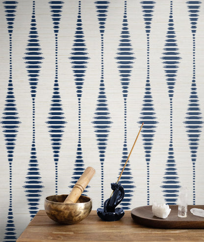 Striped Ikat Peel and Stick Wallpaper in Navy Blue and Linen featuring a classic geometric ikat stripe pattern. Removable wallpaper with elegant navy tones ideal for accent walls, living rooms, bedrooms, home offices, coastal interiors, modern spaces, and renter-friendly home decorating.