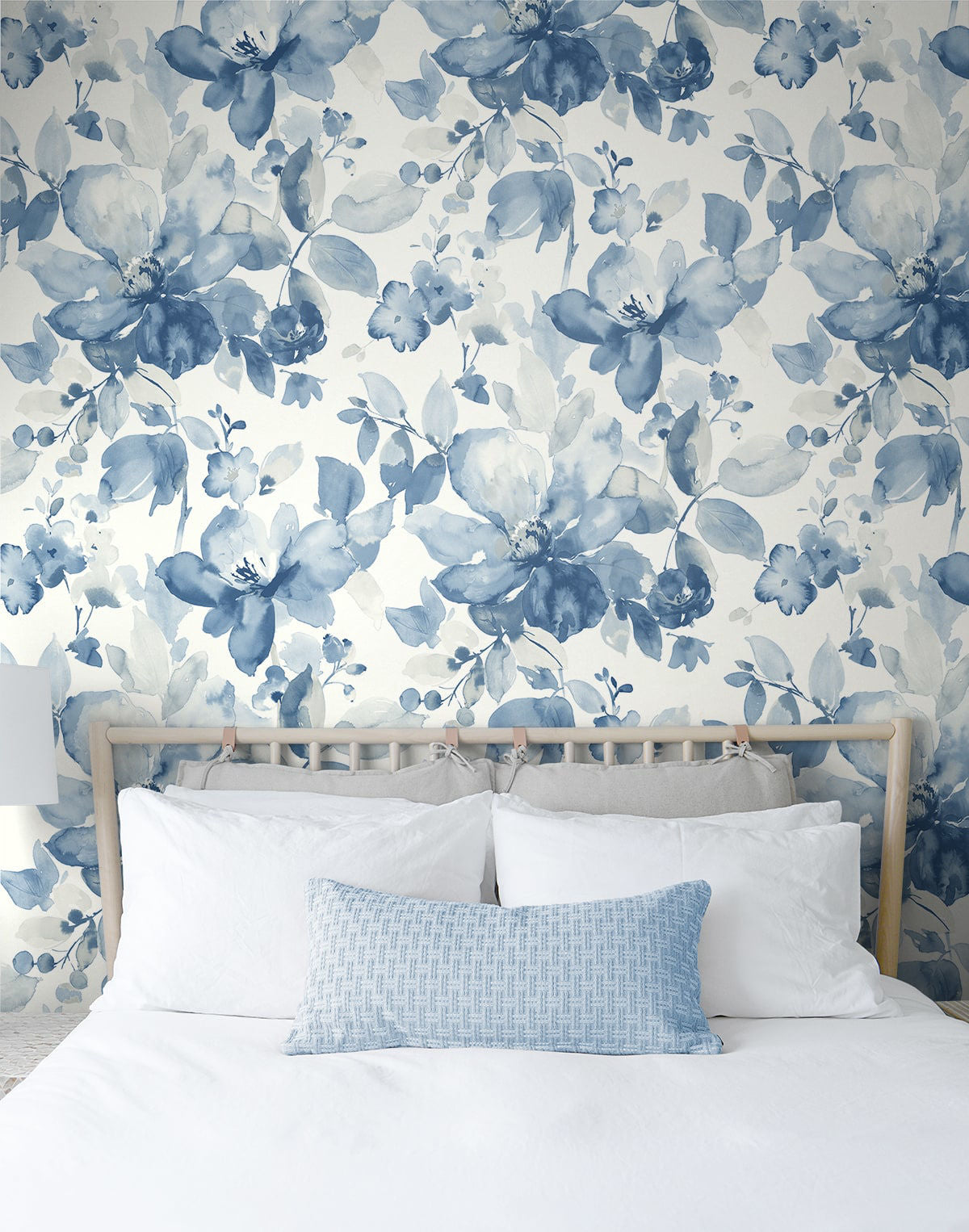 Blue watercolor floral peel and stick wallcovering, Watercolor Flower Bluestone design by NextWall, soft botanical wallpaper with painterly floral pattern for bedrooms, living rooms, and modern calming interiors, removable and washable wallcovering