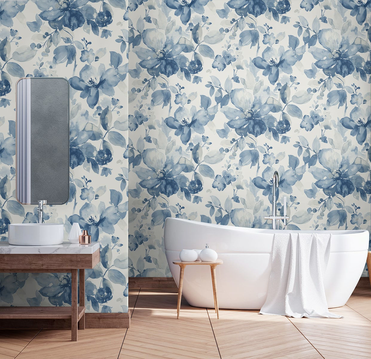 Blue watercolor floral peel and stick wallcovering, Watercolor Flower Bluestone design by NextWall, soft botanical wallpaper with painterly floral pattern for bedrooms, living rooms, and modern calming interiors, removable and washable wallcovering