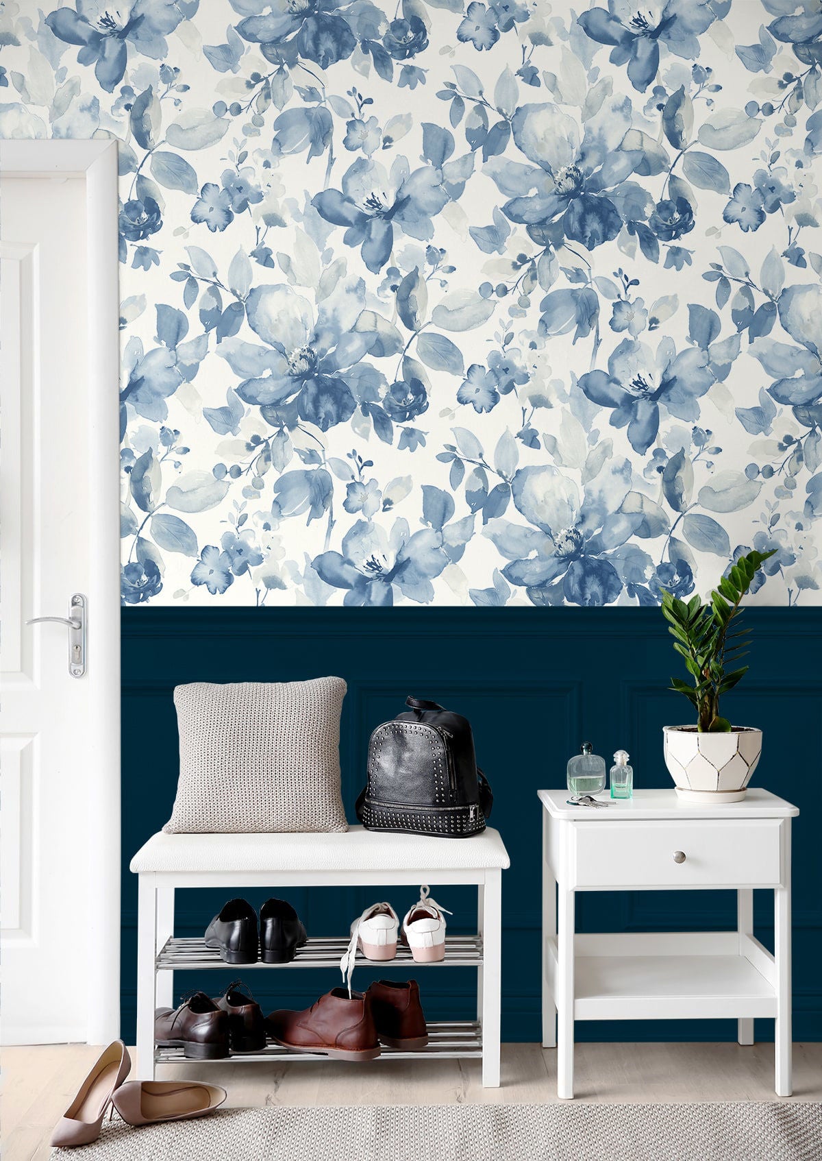 Blue watercolor floral peel and stick wallcovering, Watercolor Flower Bluestone design by NextWall, soft botanical wallpaper with painterly floral pattern for bedrooms, living rooms, and modern calming interiors, removable and washable wallcovering