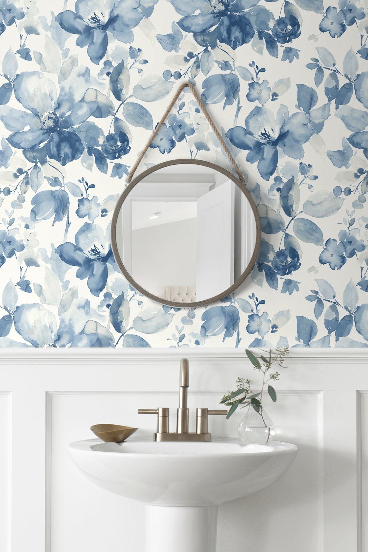Blue watercolor floral peel and stick wallcovering, Watercolor Flower Bluestone design by NextWall, soft botanical wallpaper with painterly floral pattern for bedrooms, living rooms, and modern calming interiors, removable and washable wallcovering