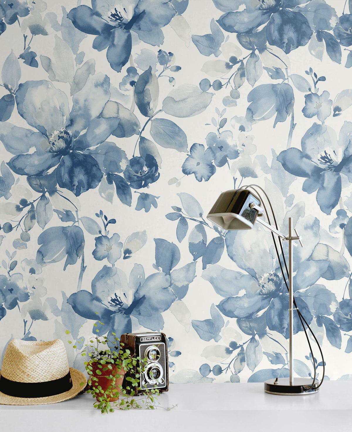 Blue watercolor floral peel and stick wallcovering, Watercolor Flower Bluestone design by NextWall, soft botanical wallpaper with painterly floral pattern for bedrooms, living rooms, and modern calming interiors, removable and washable wallcovering