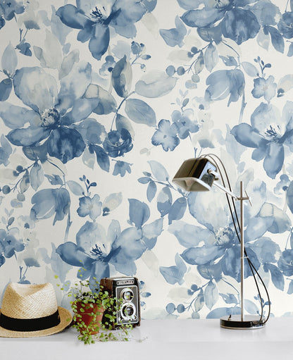 Blue watercolor floral peel and stick wallcovering, Watercolor Flower Bluestone design by NextWall, soft botanical wallpaper with painterly floral pattern for bedrooms, living rooms, and modern calming interiors, removable and washable wallcovering