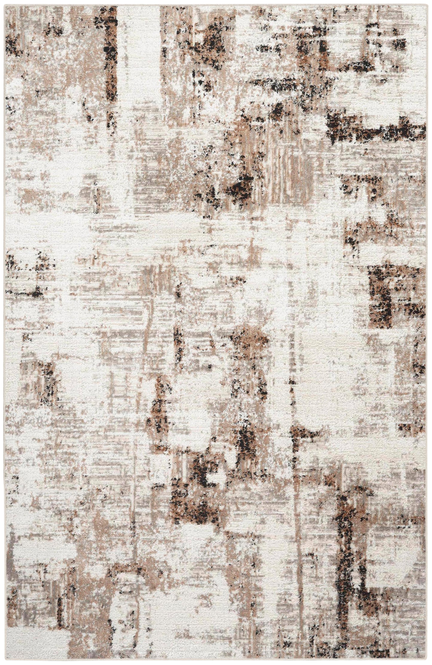 Abstract beige and taupe area rug with distressed brown brushstroke pattern on ivory background.