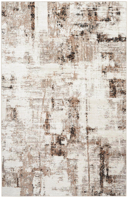 Abstract beige and taupe area rug with distressed brown brushstroke pattern on ivory background.