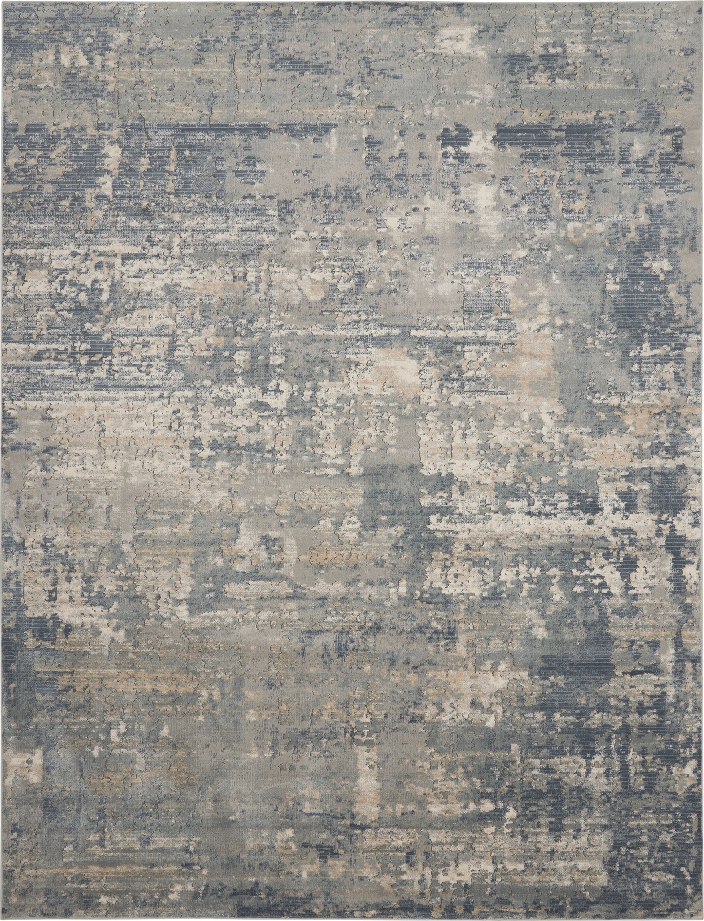 Abstract distressed blue-gray area rug with cream accents; modern, textured pattern for contemporary spaces.