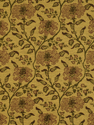 Gold damask upholstery fabric with brown floral vines; ornate vintage textile.