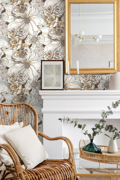 Harry & Grace Ink Rose Peel and Stick Wallpaper in Mocha and Blue Mist featuring elegant floral rose design in soft brown and muted blue tones. Removable wallpaper ideal for accent walls, bedrooms, bathrooms, rentals, and easy DIY interior decorating with a modern botanical style.