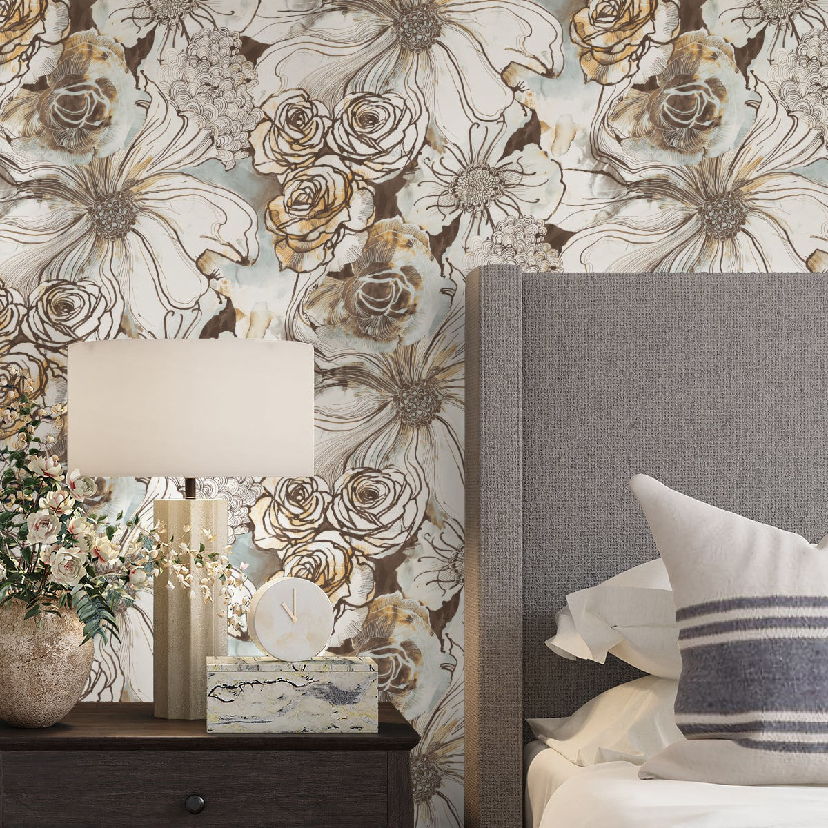 Harry & Grace Ink Rose Peel and Stick Wallpaper in Mocha and Blue Mist featuring elegant floral rose design in soft brown and muted blue tones. Removable wallpaper ideal for accent walls, bedrooms, bathrooms, rentals, and easy DIY interior decorating with a modern botanical style.