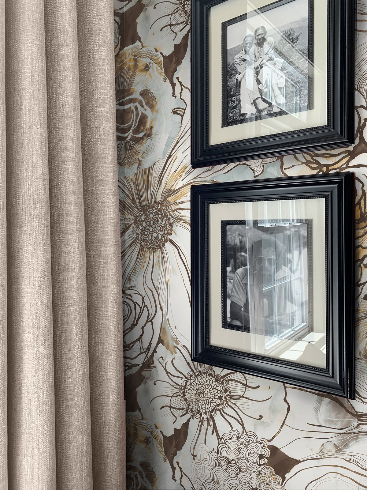 Harry & Grace Ink Rose Peel and Stick Wallpaper in Mocha and Blue Mist featuring elegant floral rose design in soft brown and muted blue tones. Removable wallpaper ideal for accent walls, bedrooms, bathrooms, rentals, and easy DIY interior decorating with a modern botanical style.