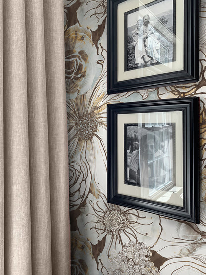 Harry & Grace Ink Rose Peel and Stick Wallpaper in Mocha and Blue Mist featuring elegant floral rose design in soft brown and muted blue tones. Removable wallpaper ideal for accent walls, bedrooms, bathrooms, rentals, and easy DIY interior decorating with a modern botanical style.