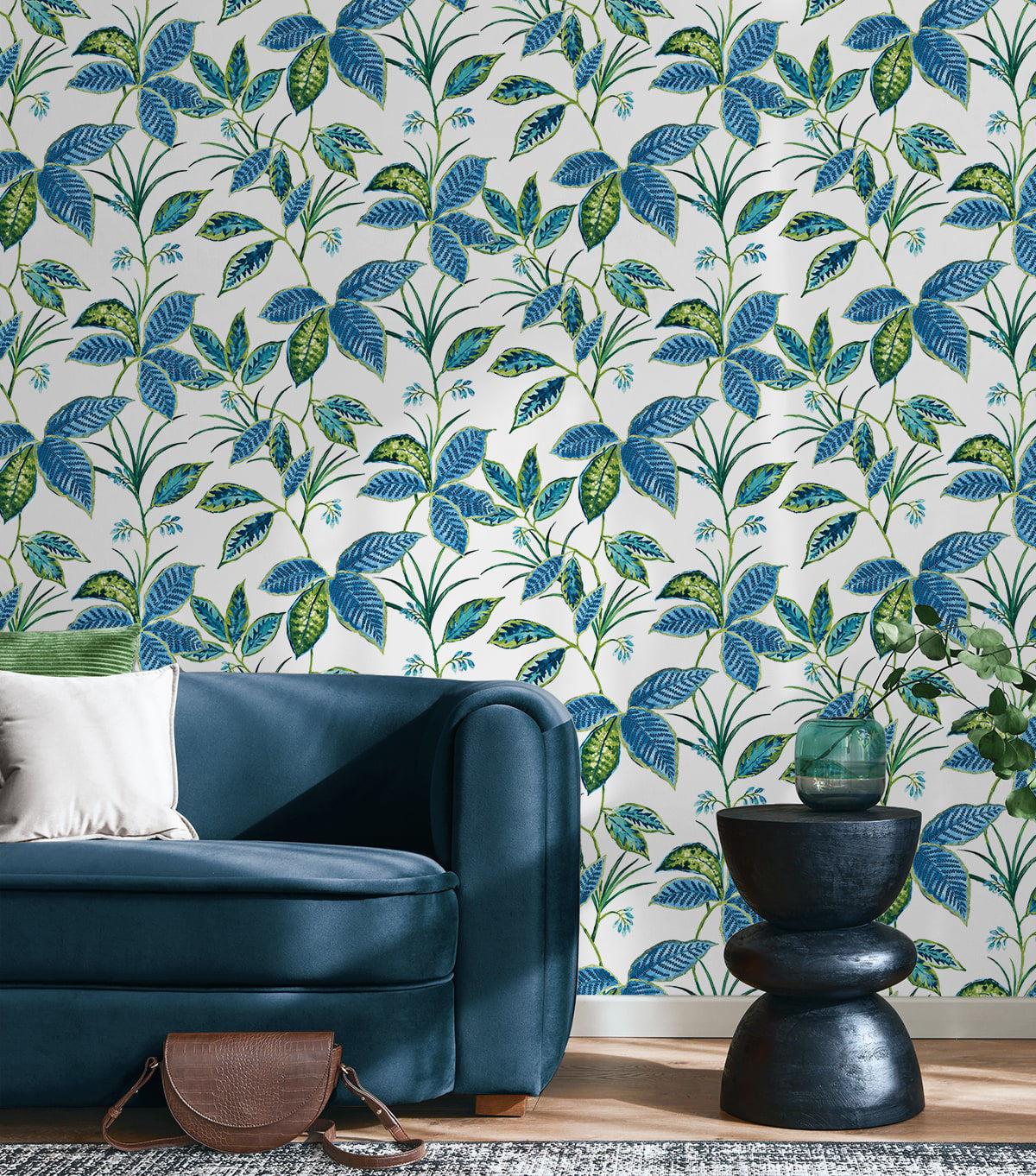 Boho Leaf Trail Peel and Stick Wallpaper in Lagoon featuring flowing botanical leaves, soft floral elements, and a relaxed bohemian design in calming blue tones. This nature-inspired wallpaper creates an elegant accent wall for bedrooms, living rooms, nurseries, entryways, and home offices. Removable, washable, and renter-friendly wallpaper ideal for boho, coastal, and modern interiors.