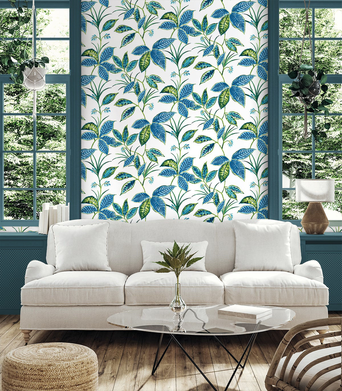 Boho Leaf Trail Peel and Stick Wallpaper in Lagoon featuring a soft, flowing botanical pattern of trailing leaves and subtle floral accents in layered blue tones. This bohemian-inspired wallpaper creates a relaxed, nature-inspired backdrop for accent walls in bedrooms, living rooms, nurseries, bathrooms, entryways, and home offices. Removable peel and stick design that is renter-friendly, washable, and easy to apply for effortless interior updates.