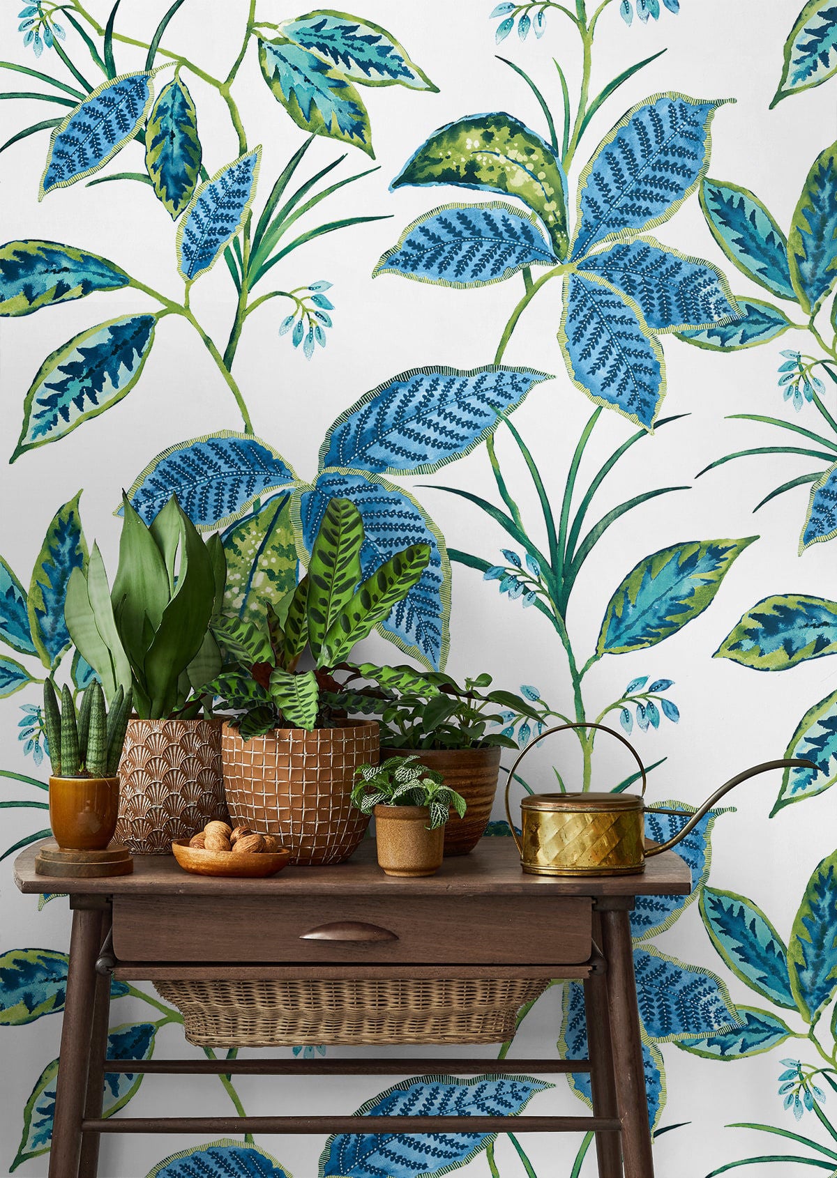 Boho Leaf Trail Peel and Stick Wallpaper in Lagoon featuring flowing botanical leaves, soft floral elements, and a relaxed bohemian design in calming blue tones. This nature-inspired wallpaper creates an elegant accent wall for bedrooms, living rooms, nurseries, entryways, and home offices. Removable, washable, and renter-friendly wallpaper ideal for boho, coastal, and modern interiors.
