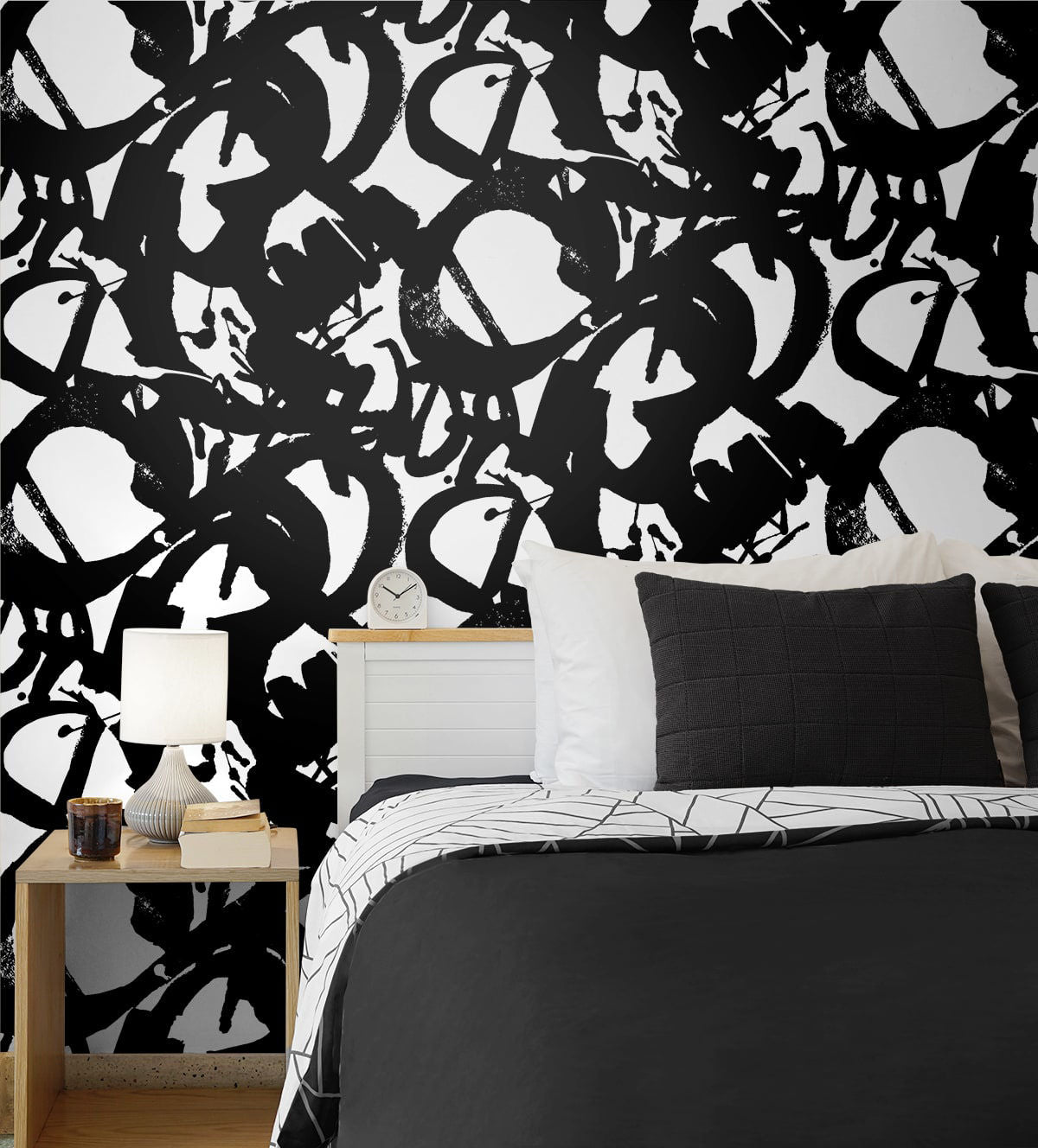 Black and white abstract peel-and-stick wallpaper in Onyx with large artistic ink strokes and a striking hand-painted effect. Modern statement wallpaper for accent walls, contemporary home decor, minimalist interiors, creative spaces and dramatic room makeovers.
