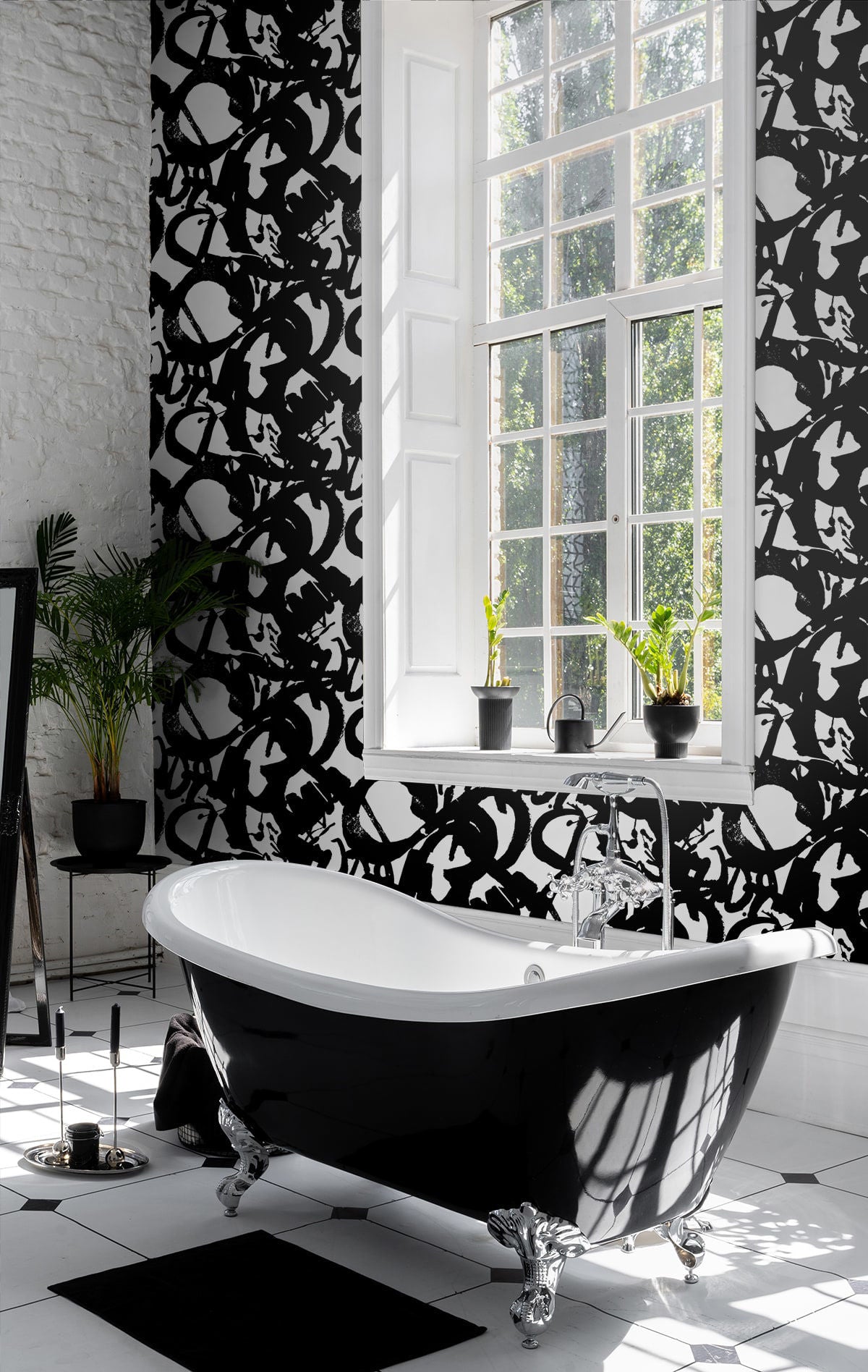 Bold black and white abstract wallpaper with dramatic ink brushstrokes on a white background. This Onyx peel-and-stick wallpaper adds artistic character to living rooms, bedrooms, home offices, powder rooms, entryways and modern accent walls.