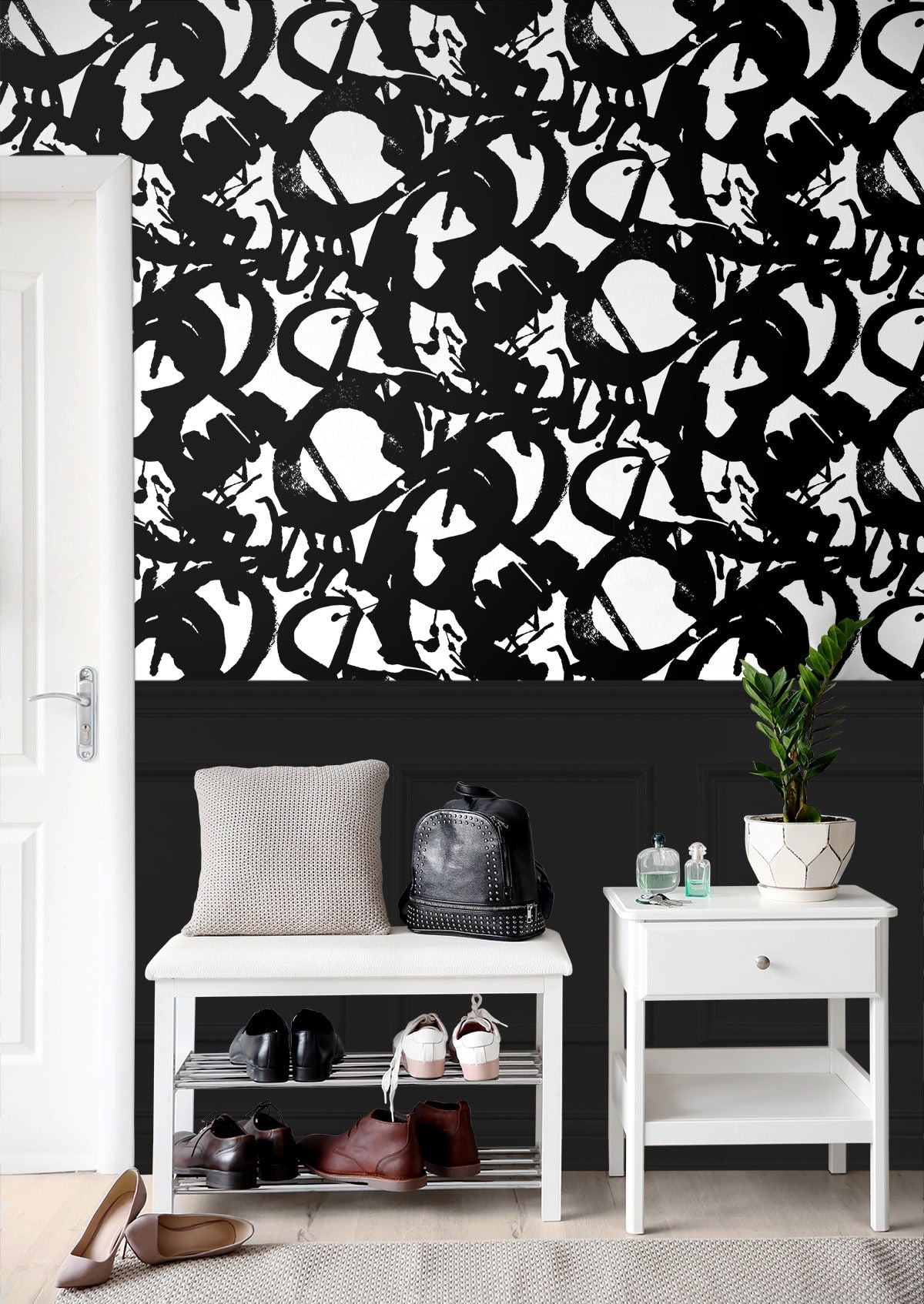 Black and white abstract peel-and-stick wallpaper in Onyx with large artistic ink strokes and a striking hand-painted effect. Modern statement wallpaper for accent walls, contemporary home decor, minimalist interiors, creative spaces and dramatic room makeovers.