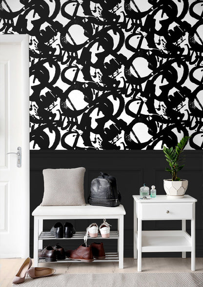 Black and white abstract peel-and-stick wallpaper in Onyx with large artistic ink strokes and a striking hand-painted effect. Modern statement wallpaper for accent walls, contemporary home decor, minimalist interiors, creative spaces and dramatic room makeovers.