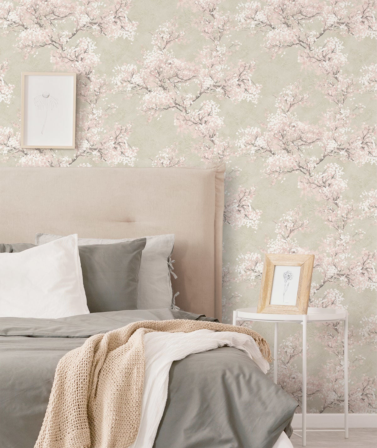 Elegant Cherry Blossom Grove peel and stick wallpaper featuring delicate cherry blossom branches in parchment beige and soft rose tones. Neutral floral botanical wallpaper with warm earthy colors designed for modern cottage, Japandi, farmhouse, nursery, bedroom, and living room interiors. Removable renter-friendly wallpaper with washable finish and sophisticated nature-inspired design for luxury home decor and DIY accent walls.