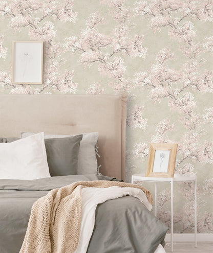Elegant Cherry Blossom Grove peel and stick wallpaper featuring delicate cherry blossom branches in parchment beige and soft rose tones. Neutral floral botanical wallpaper with warm earthy colors designed for modern cottage, Japandi, farmhouse, nursery, bedroom, and living room interiors. Removable renter-friendly wallpaper with washable finish and sophisticated nature-inspired design for luxury home decor and DIY accent walls.