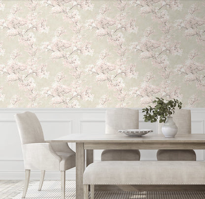 Elegant Cherry Blossom Grove peel and stick wallpaper featuring delicate cherry blossom branches in parchment beige and soft rose tones. Neutral floral botanical wallpaper with warm earthy colors designed for modern cottage, Japandi, farmhouse, nursery, bedroom, and living room interiors. Removable renter-friendly wallpaper with washable finish and sophisticated nature-inspired design for luxury home decor and DIY accent walls.