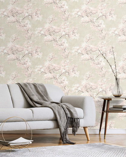 Elegant Cherry Blossom Grove peel and stick wallpaper featuring delicate cherry blossom branches in parchment beige and soft rose tones. Neutral floral botanical wallpaper with warm earthy colors designed for modern cottage, Japandi, farmhouse, nursery, bedroom, and living room interiors. Removable renter-friendly wallpaper with washable finish and sophisticated nature-inspired design for luxury home decor and DIY accent walls.