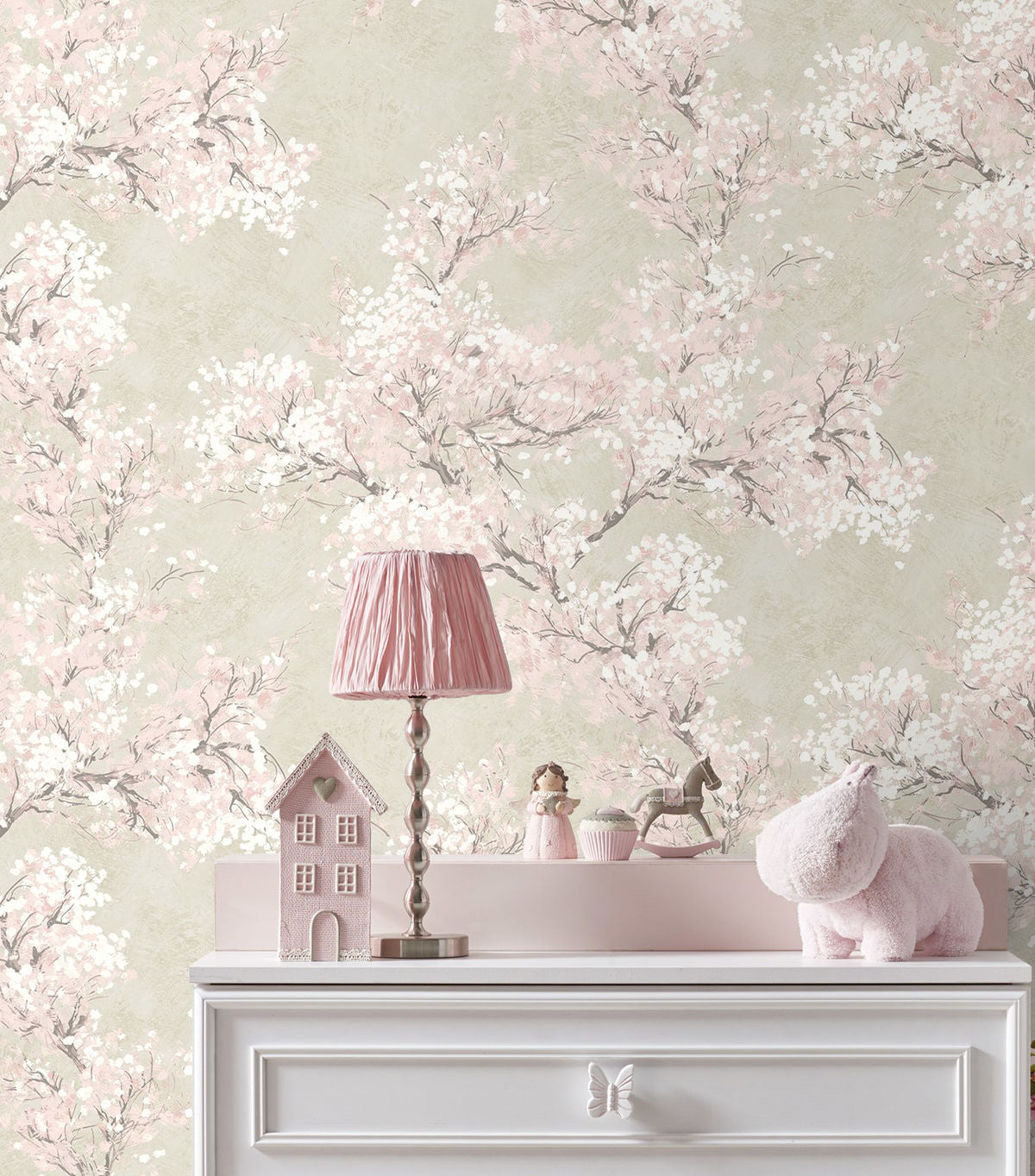 Elegant Cherry Blossom Grove peel and stick wallpaper featuring delicate cherry blossom branches in parchment beige and soft rose tones. Neutral floral botanical wallpaper with warm earthy colors designed for modern cottage, Japandi, farmhouse, nursery, bedroom, and living room interiors. Removable renter-friendly wallpaper with washable finish and sophisticated nature-inspired design for luxury home decor and DIY accent walls.