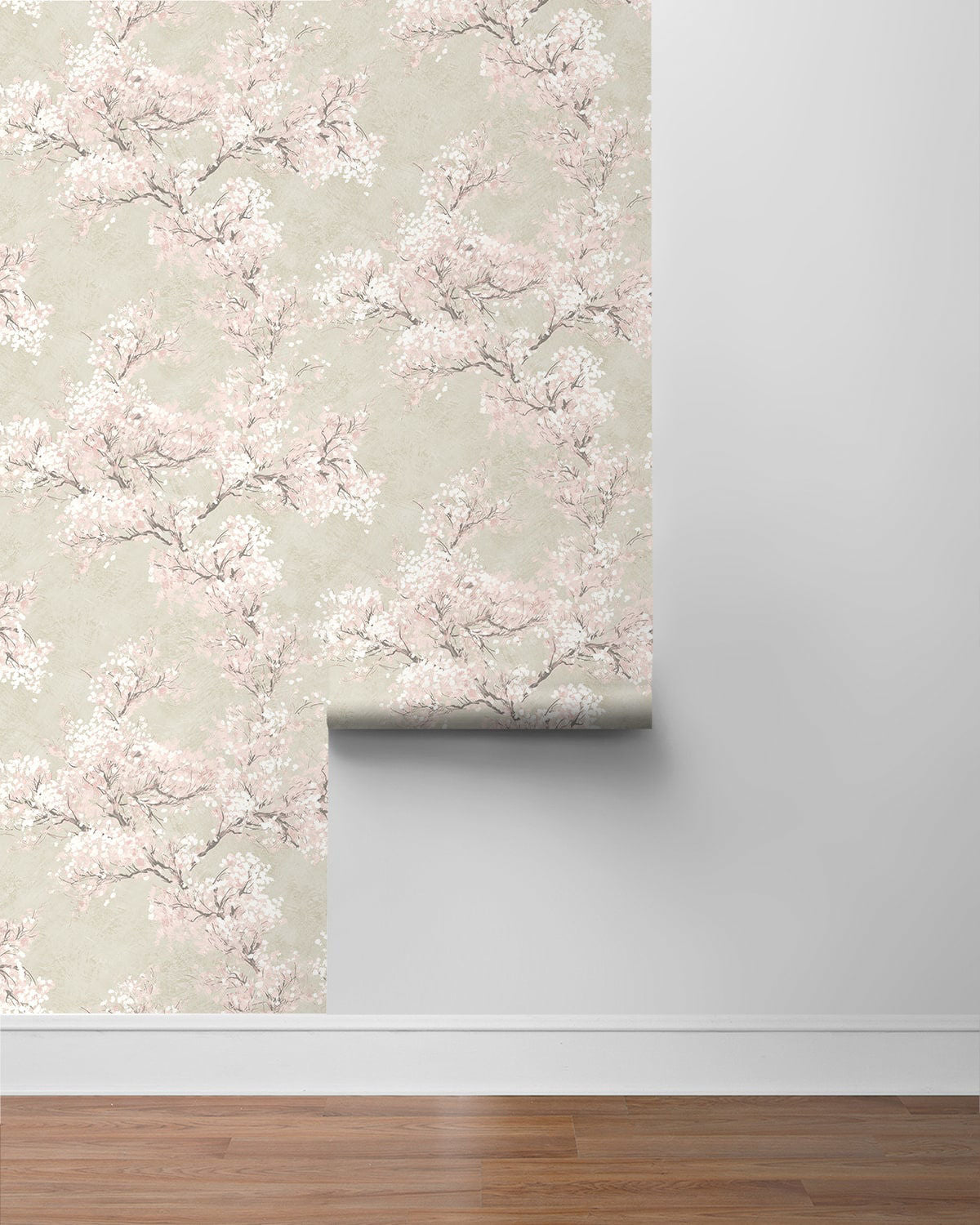 Elegant Cherry Blossom Grove peel and stick wallpaper featuring delicate cherry blossom branches in parchment beige and soft rose tones. Neutral floral botanical wallpaper with warm earthy colors designed for modern cottage, Japandi, farmhouse, nursery, bedroom, and living room interiors. Removable renter-friendly wallpaper with washable finish and sophisticated nature-inspired design for luxury home decor and DIY accent walls.