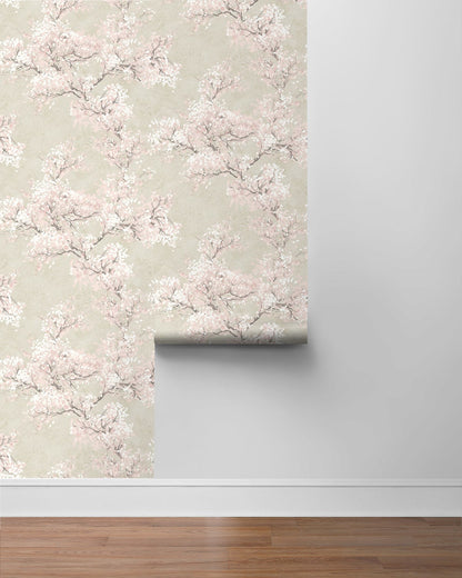 Elegant Cherry Blossom Grove peel and stick wallpaper featuring delicate cherry blossom branches in parchment beige and soft rose tones. Neutral floral botanical wallpaper with warm earthy colors designed for modern cottage, Japandi, farmhouse, nursery, bedroom, and living room interiors. Removable renter-friendly wallpaper with washable finish and sophisticated nature-inspired design for luxury home decor and DIY accent walls.