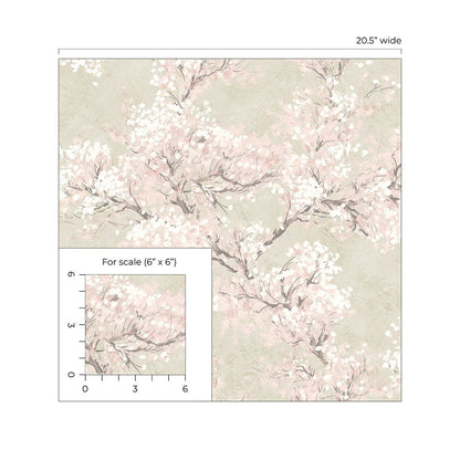 Elegant Cherry Blossom Grove peel and stick wallpaper featuring delicate cherry blossom branches in parchment beige and soft rose tones. Neutral floral botanical wallpaper with warm earthy colors designed for modern cottage, Japandi, farmhouse, nursery, bedroom, and living room interiors. Removable renter-friendly wallpaper with washable finish and sophisticated nature-inspired design for luxury home decor and DIY accent walls.