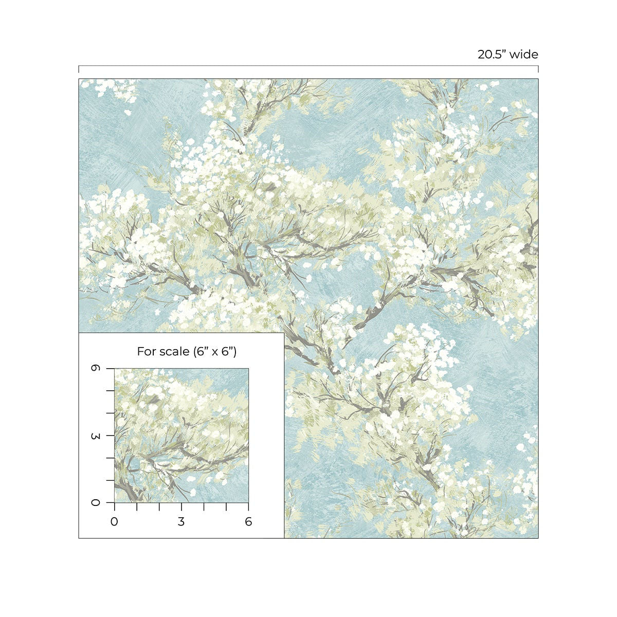 Blue floral peel and stick wallpaper featuring graceful cherry blossom branches, soft green foliage, and a serene garden-inspired pattern. Cherry Blossom Grove wallpaper in Blue Mist and Green Tea adds a fresh botanical look to accent walls, bedrooms, nurseries, living rooms, and modern cottage-style interiors. Easy-to-install removable wallpaper ideal for renters and home makeovers.