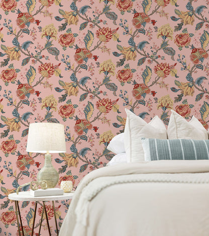 Kianna Jacobean Peel and Stick Wallpaper in Blush by NextWall at Primoends featuring intricate floral and tapestry-inspired patterns in soft pink tones. Luxury removable wallpaper ideal for bedrooms, nurseries, powder rooms, accent walls, and elegant traditional or romantic interior design spaces.